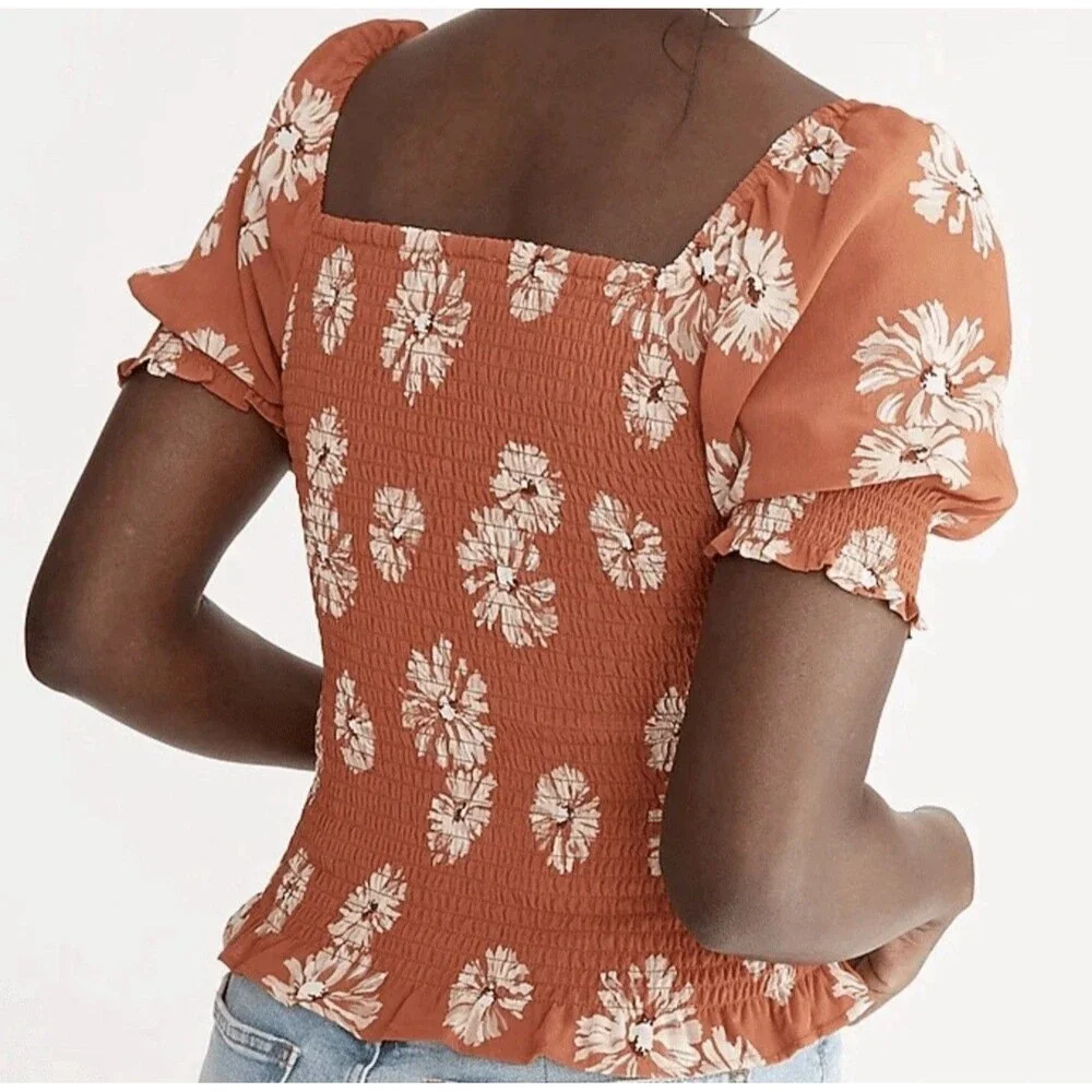Madewell Moody Blooms Resourced Georgette Lucie Puff Sleeve Smocked Top Sm New
